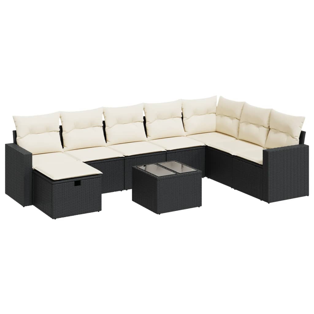 9-tlg. Garten-Sofagarnitur mit Kissen Schwarz Poly Rattan