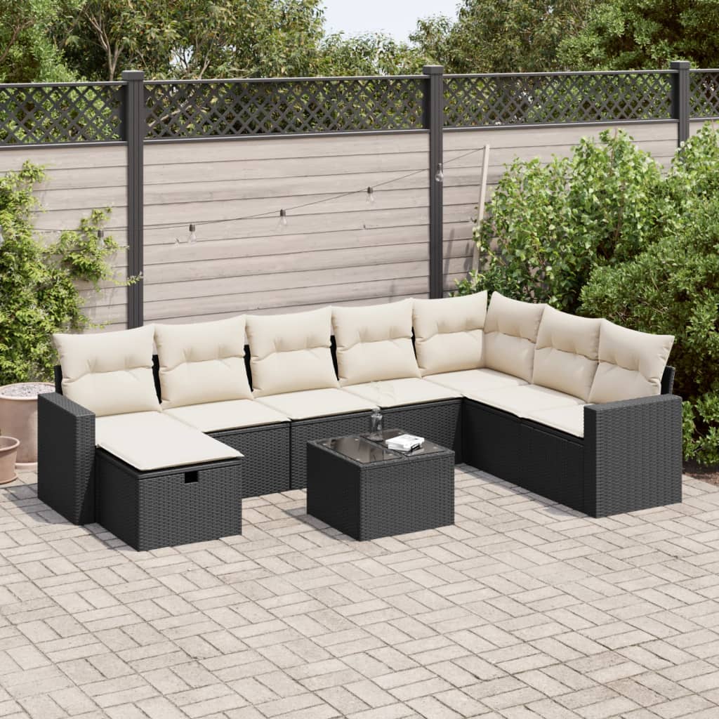 9-tlg. Garten-Sofagarnitur mit Kissen Schwarz Poly Rattan