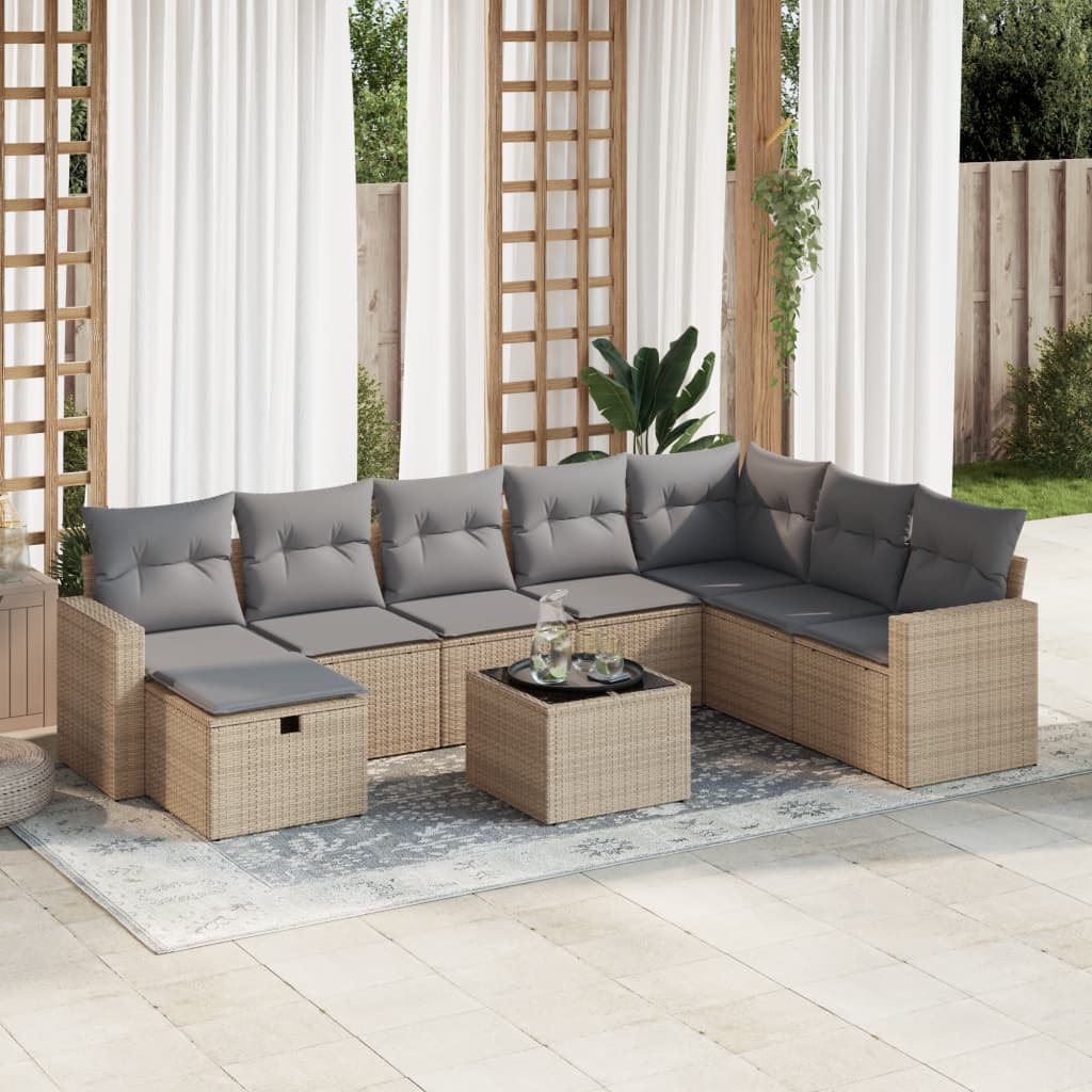 9-tlg. Garten-Sofagarnitur mit Kissen Beige Poly Rattan