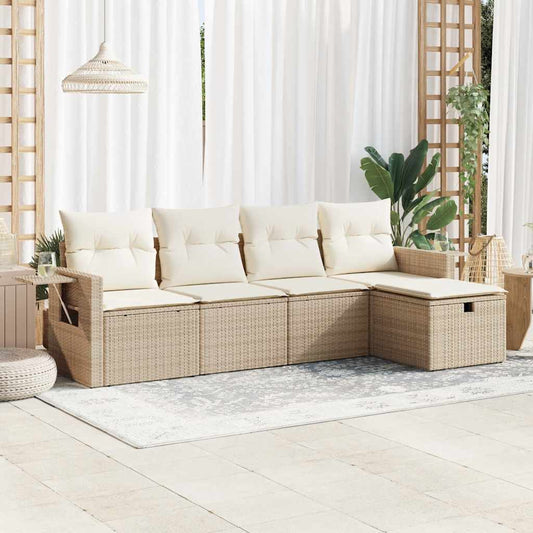 5-tlg. Garten-Sofagarnitur mit Kissen Beige Poly Rattan