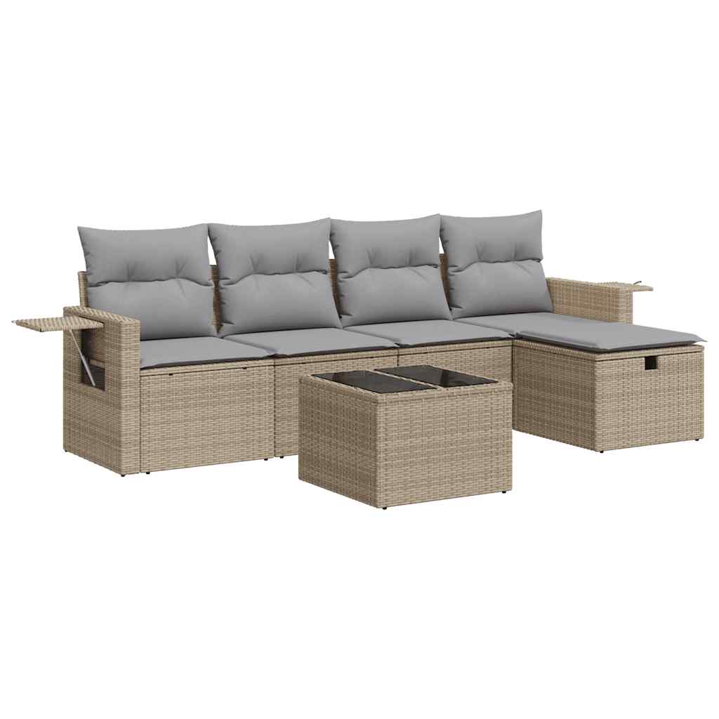 6-tlg. Garten-Sofagarnitur mit Kissen Beige Poly Rattan