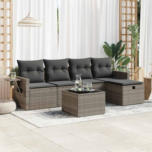 6-tlg. Garten-Sofagarnitur mit Kissen Grau Poly Rattan