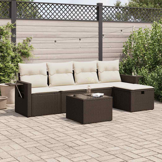 6-tlg. Garten-Sofagarnitur mit Kissen Braun Poly Rattan