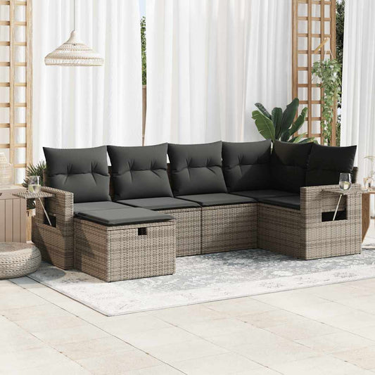 6-tlg. Garten-Sofagarnitur mit Kissen Grau Poly Rattan