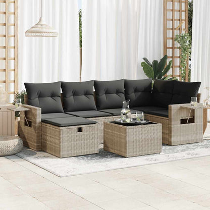 7-tlg. Garten-Sofagarnitur mit Kissen Hellgrau Poly Rattan