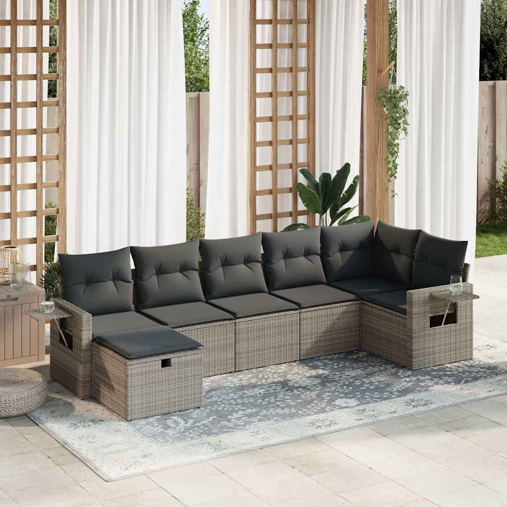 7-tlg. Garten-Sofagarnitur mit Kissen Grau Poly Rattan