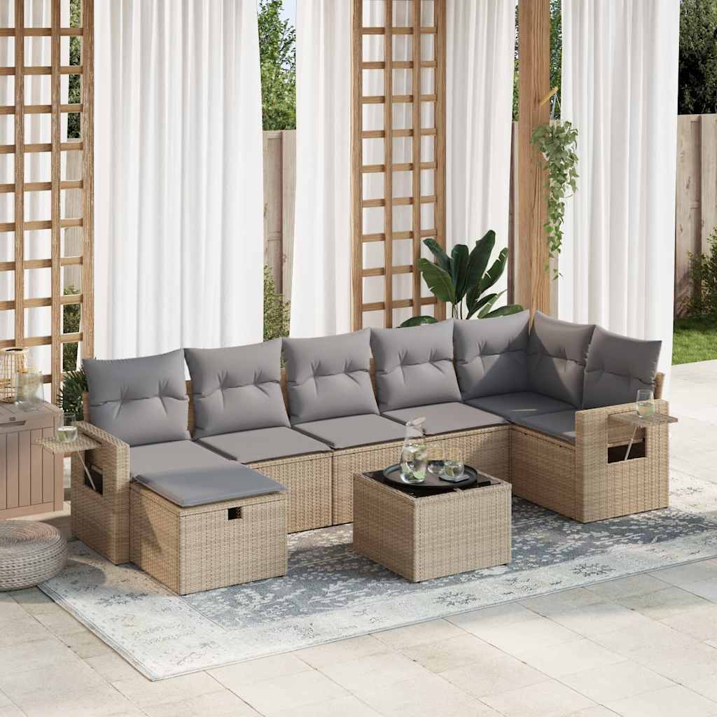 8-tlg. Garten-Sofagarnitur mit Kissen Beige Poly Rattan