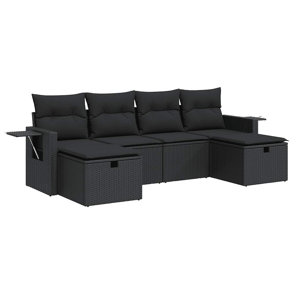 6-tlg. Garten-Sofagarnitur mit Kissen Schwarz Poly Rattan