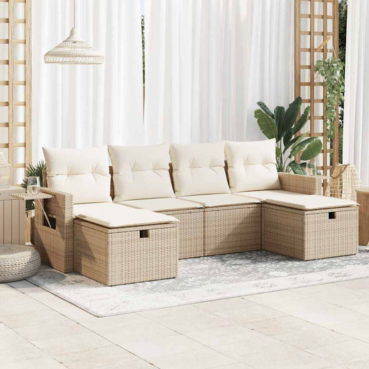 6-tlg. Garten-Sofagarnitur mit Kissen Beige Poly Rattan