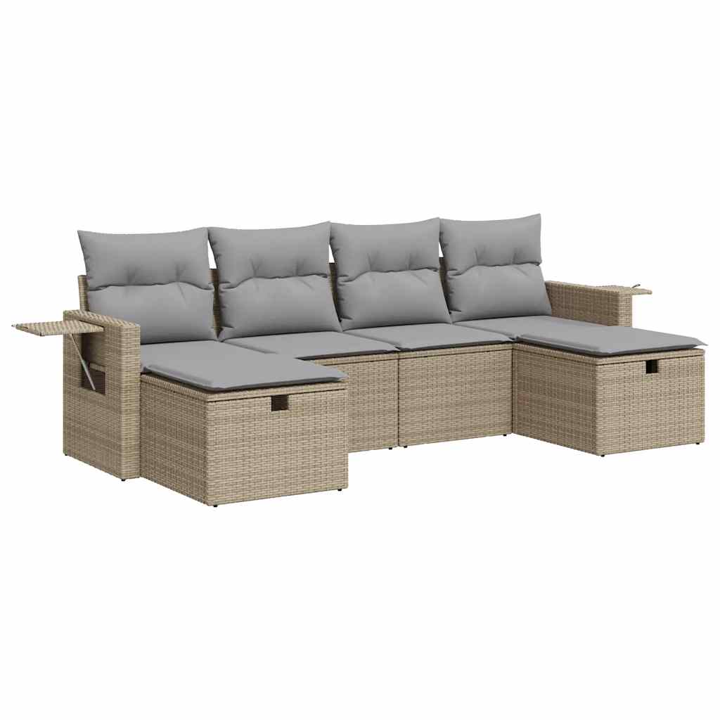 6-tlg. Garten-Sofagarnitur mit Kissen Beige Poly Rattan