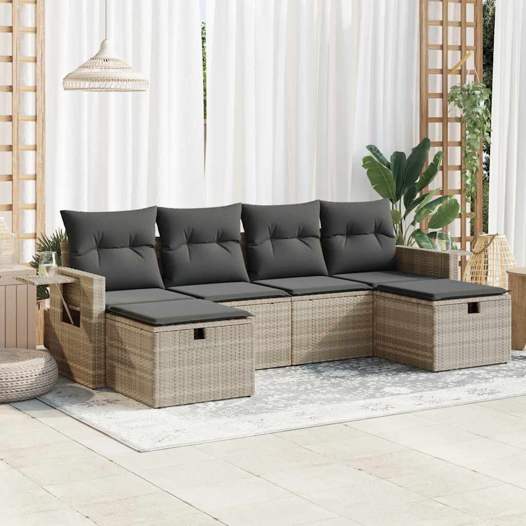 6-tlg. Garten-Sofagarnitur mit Kissen Hellgrau Poly Rattan