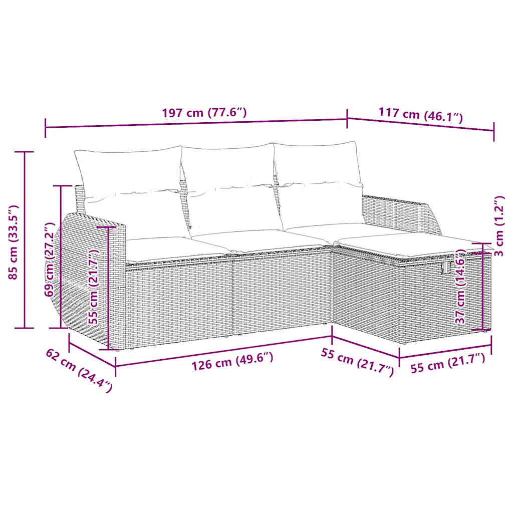 4-tlg. Garten-Sofagarnitur mit Kissen Beige Poly Rattan