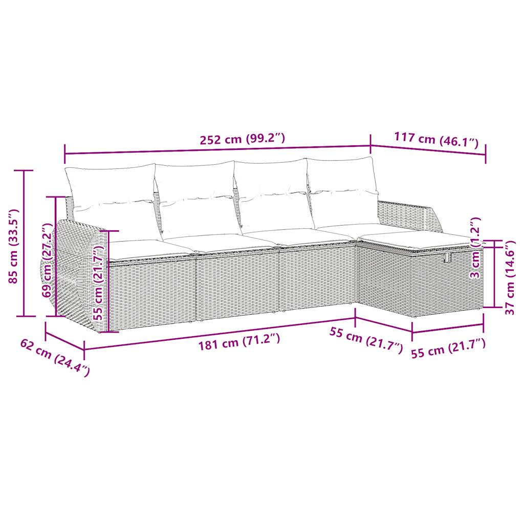 5-tlg. Garten-Sofagarnitur mit Kissen Beige Poly Rattan