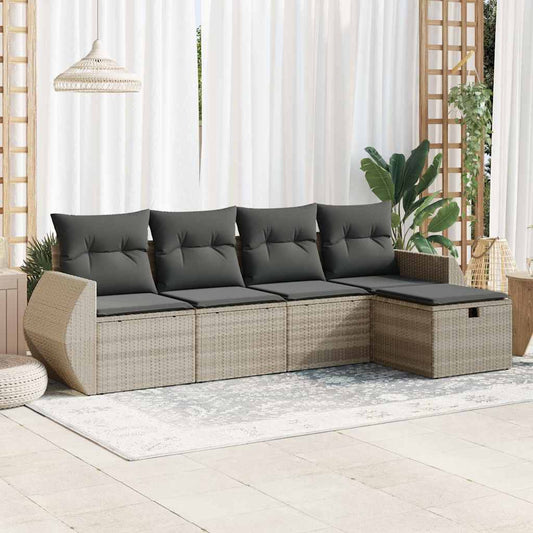 5-tlg. Garten-Sofagarnitur mit Kissen Hellgrau Poly Rattan