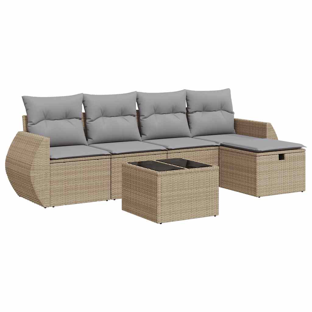 6-tlg. Garten-Sofagarnitur mit Kissen Beige Poly Rattan