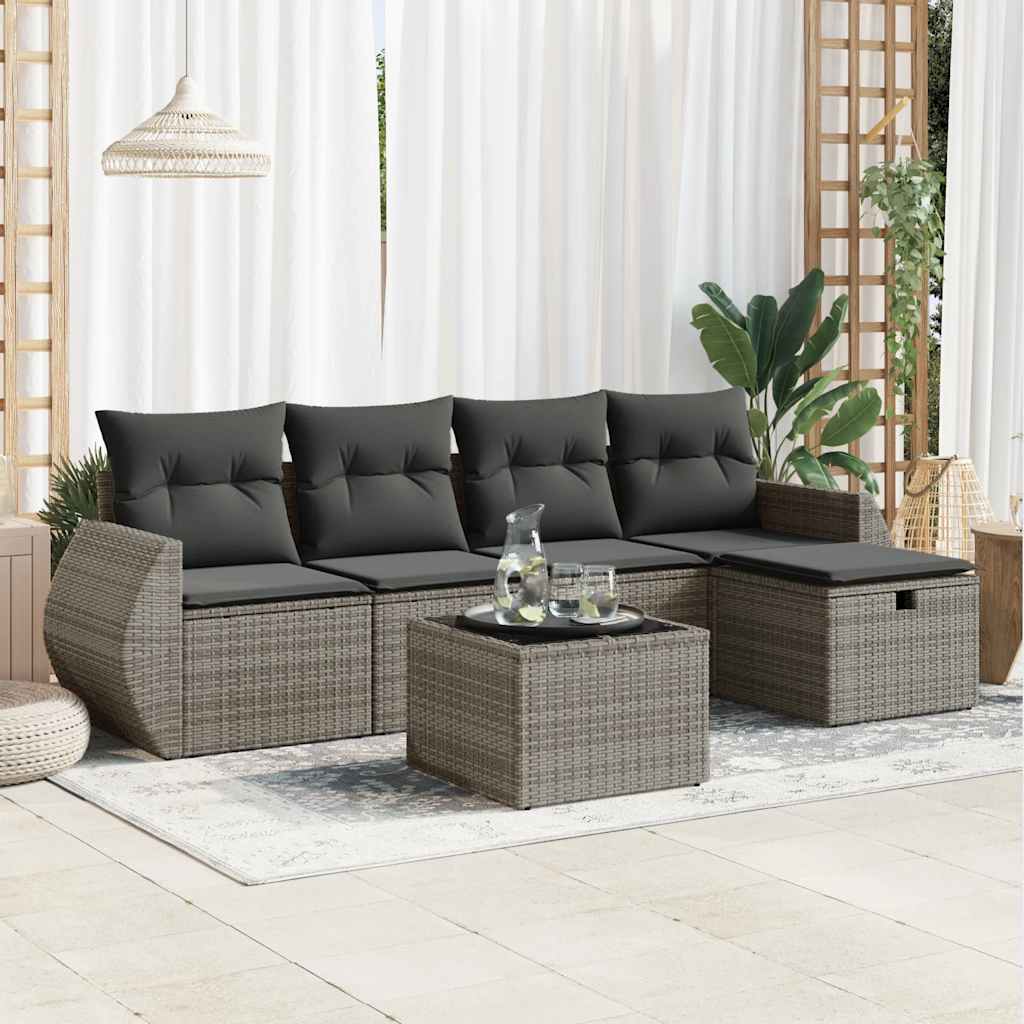 6-tlg. Garten-Sofagarnitur mit Kissen Grau Poly Rattan