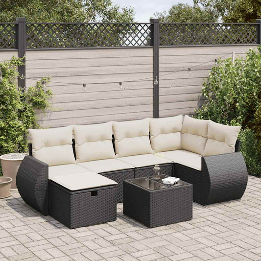 7-tlg. Garten-Sofagarnitur mit Kissen Schwarz Poly Rattan