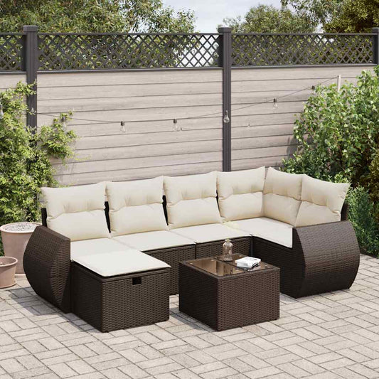 7-tlg. Garten-Sofagarnitur mit Kissen Braun Poly Rattan