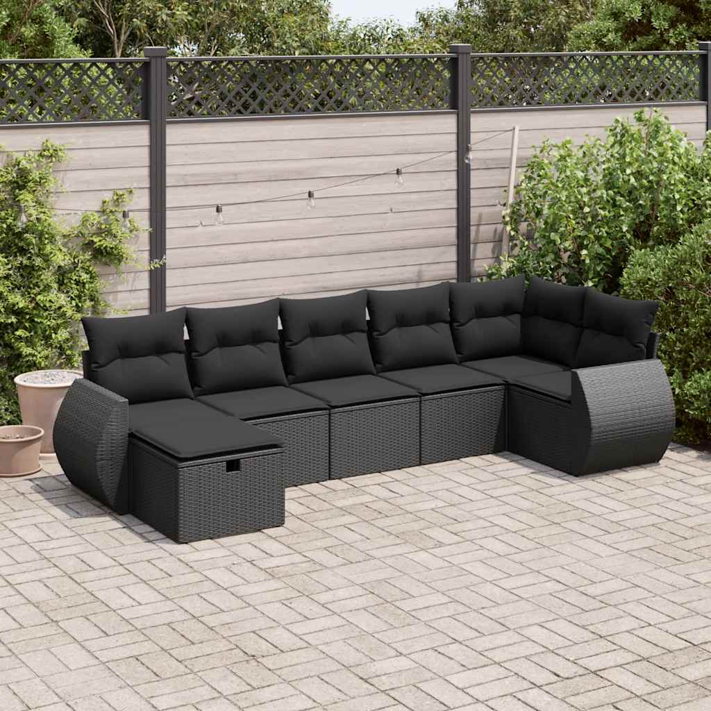 7-tlg. Garten-Sofagarnitur mit Kissen Schwarz Poly Rattan