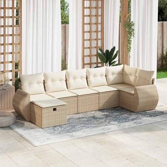 7-tlg. Garten-Sofagarnitur mit Kissen Beige Poly Rattan