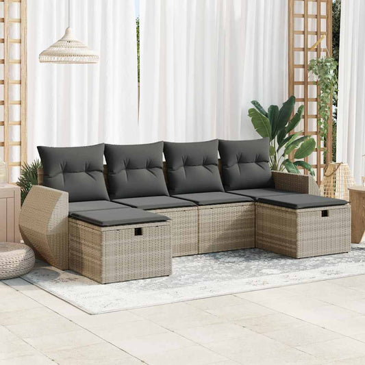 6-tlg. Garten-Sofagarnitur mit Kissen Hellgrau Poly Rattan