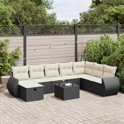 9-tlg. Garten-Sofagarnitur mit Kissen Schwarz Poly Rattan