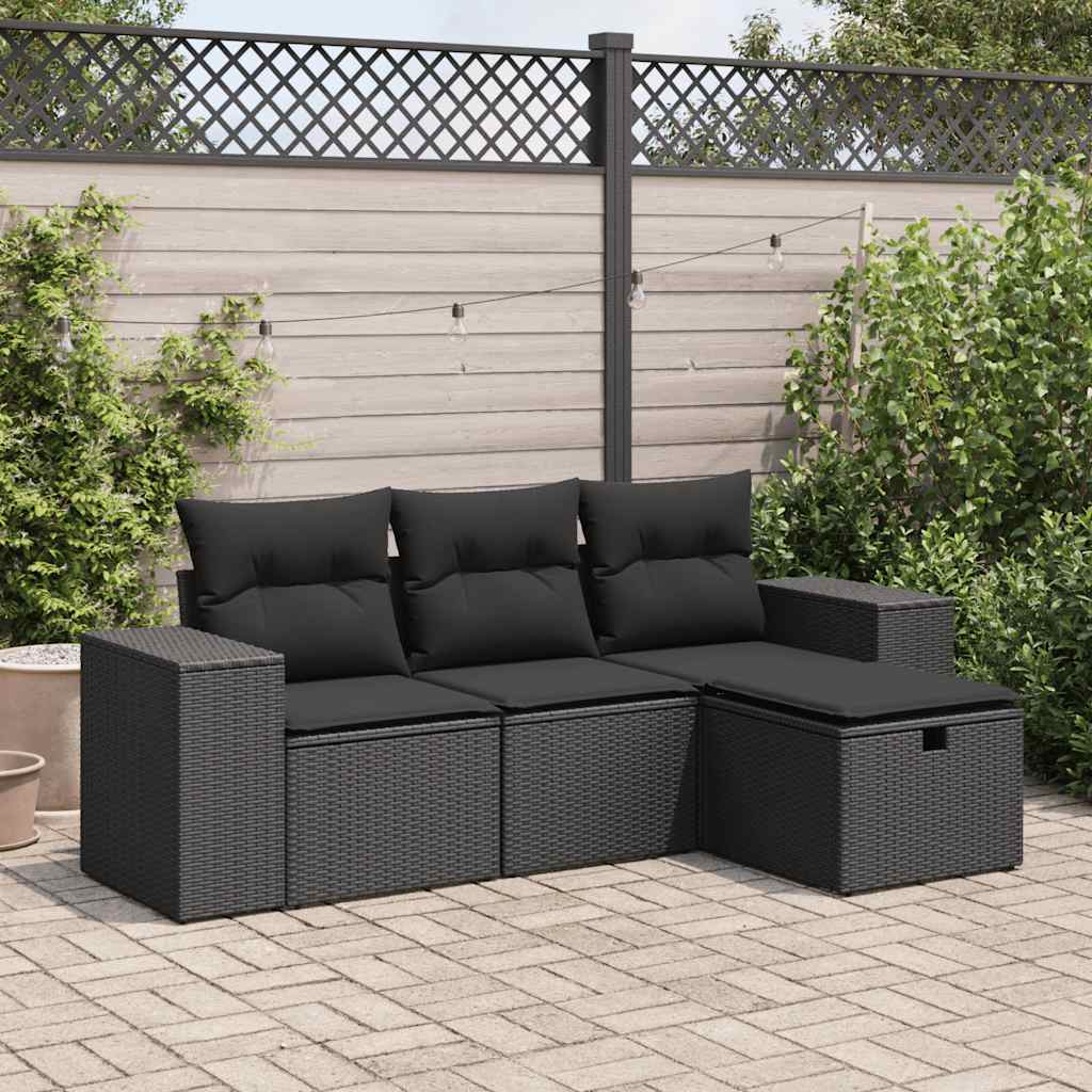 4-tlg. Garten-Sofagarnitur mit Kissen Schwarz Poly Rattan