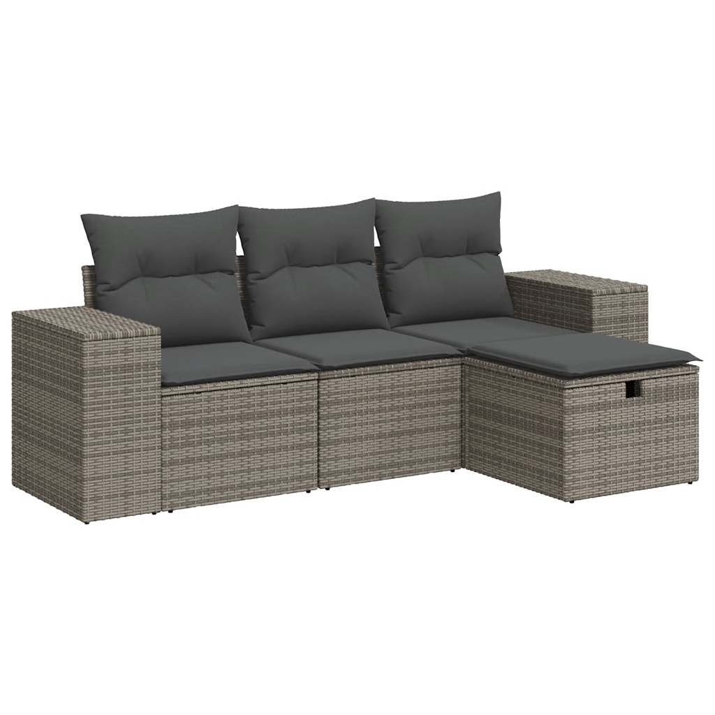 4-tlg. Garten-Sofagarnitur mit Kissen Grau Poly Rattan