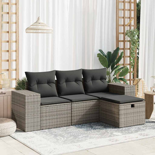 4-tlg. Garten-Sofagarnitur mit Kissen Grau Poly Rattan