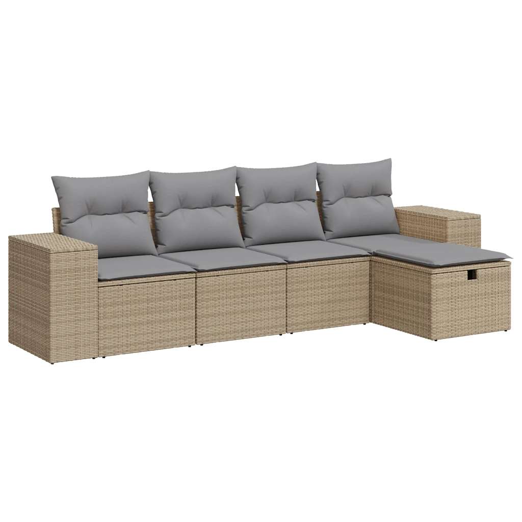 5-tlg. Garten-Sofagarnitur mit Kissen Beige Poly Rattan