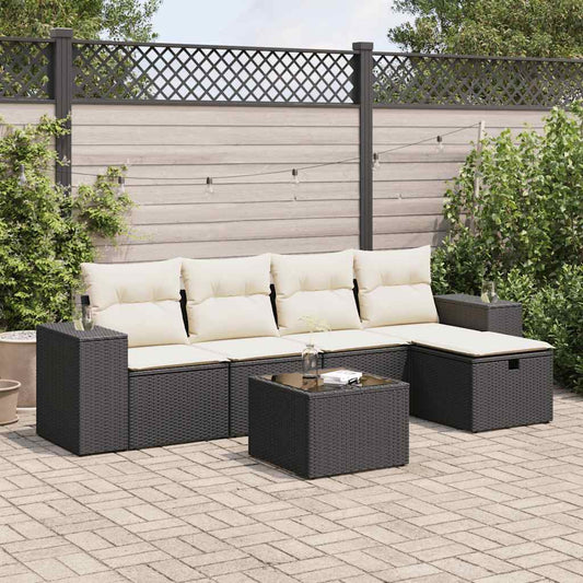 6-tlg. Garten-Sofagarnitur mit Kissen Schwarz Poly Rattan