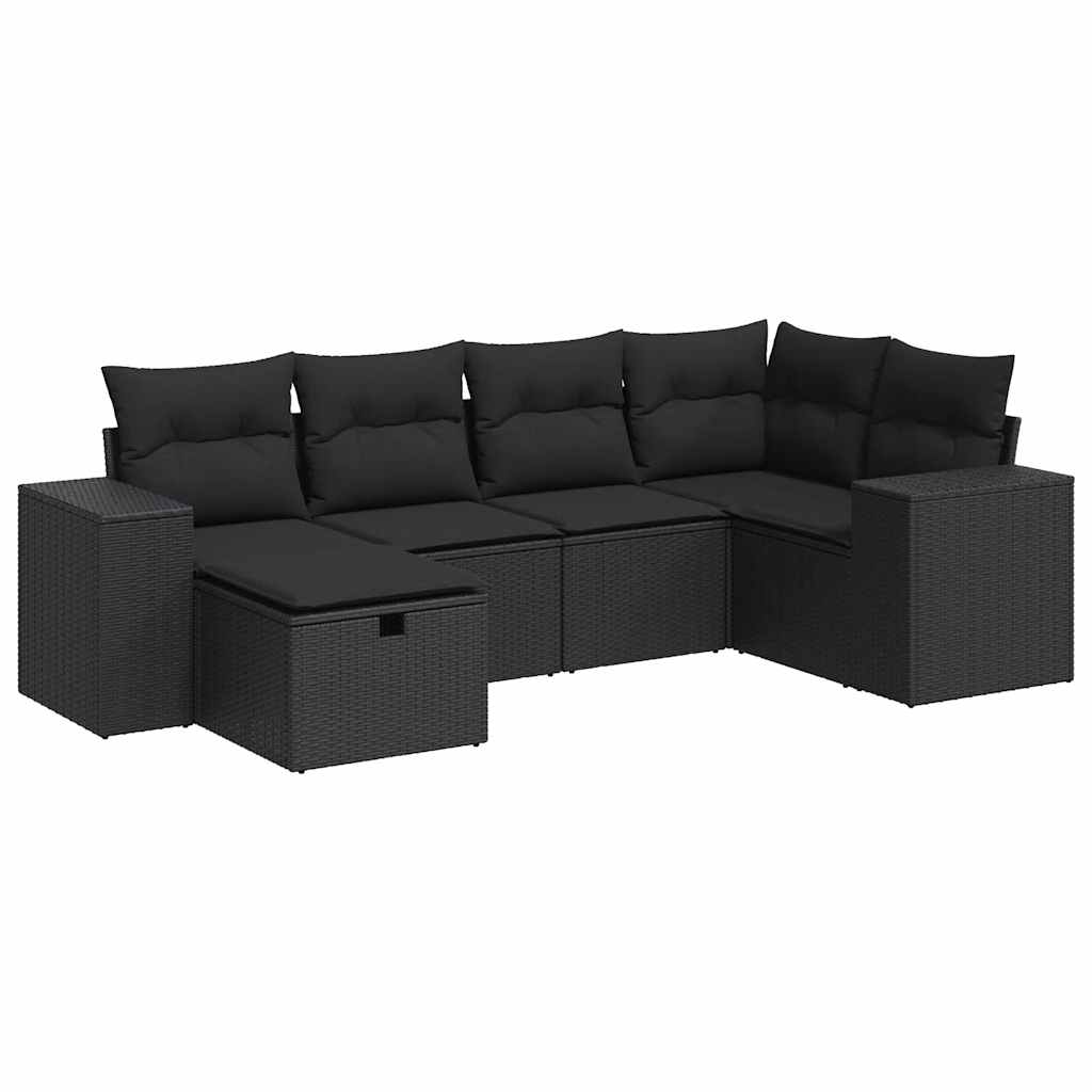 6-tlg. Garten-Sofagarnitur mit Kissen Schwarz Poly Rattan