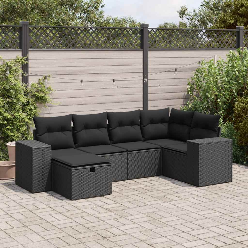 6-tlg. Garten-Sofagarnitur mit Kissen Schwarz Poly Rattan