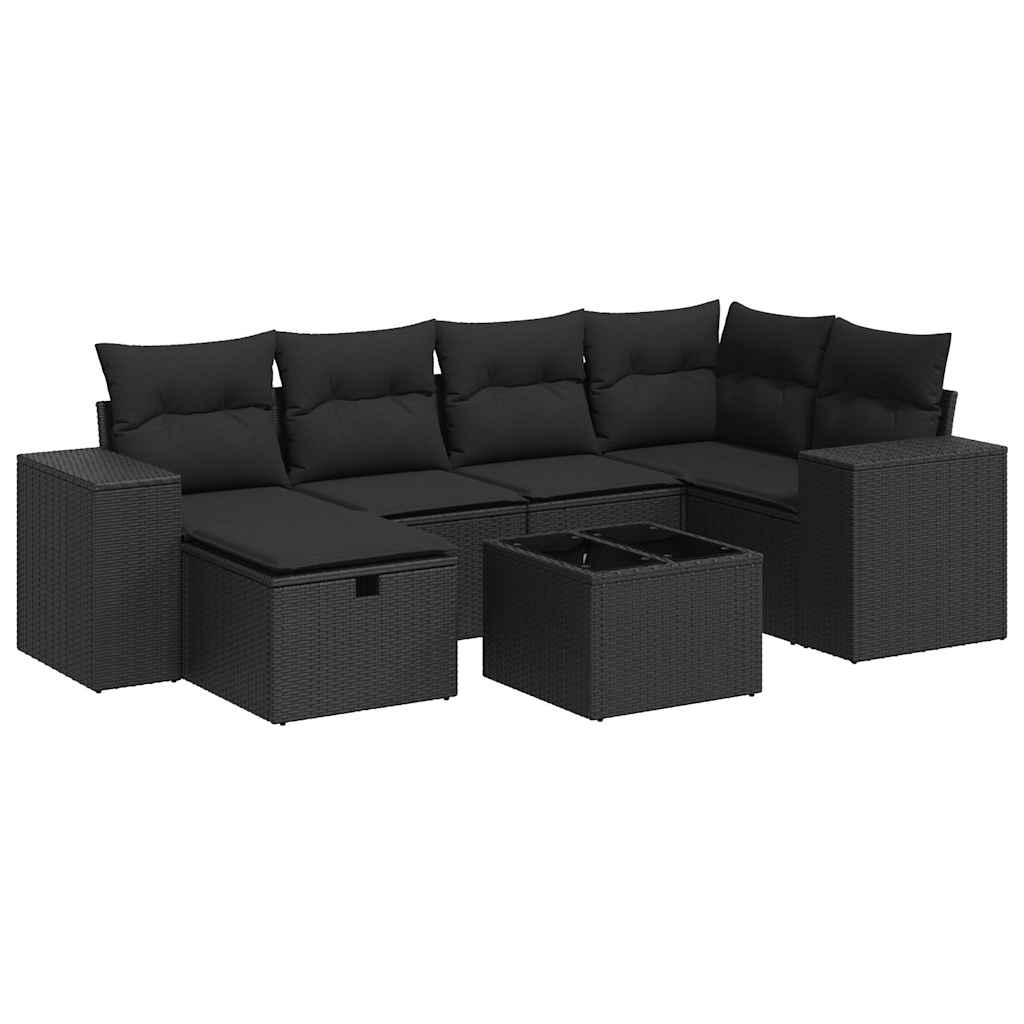 7-tlg. Garten-Sofagarnitur mit Kissen Schwarz Poly Rattan