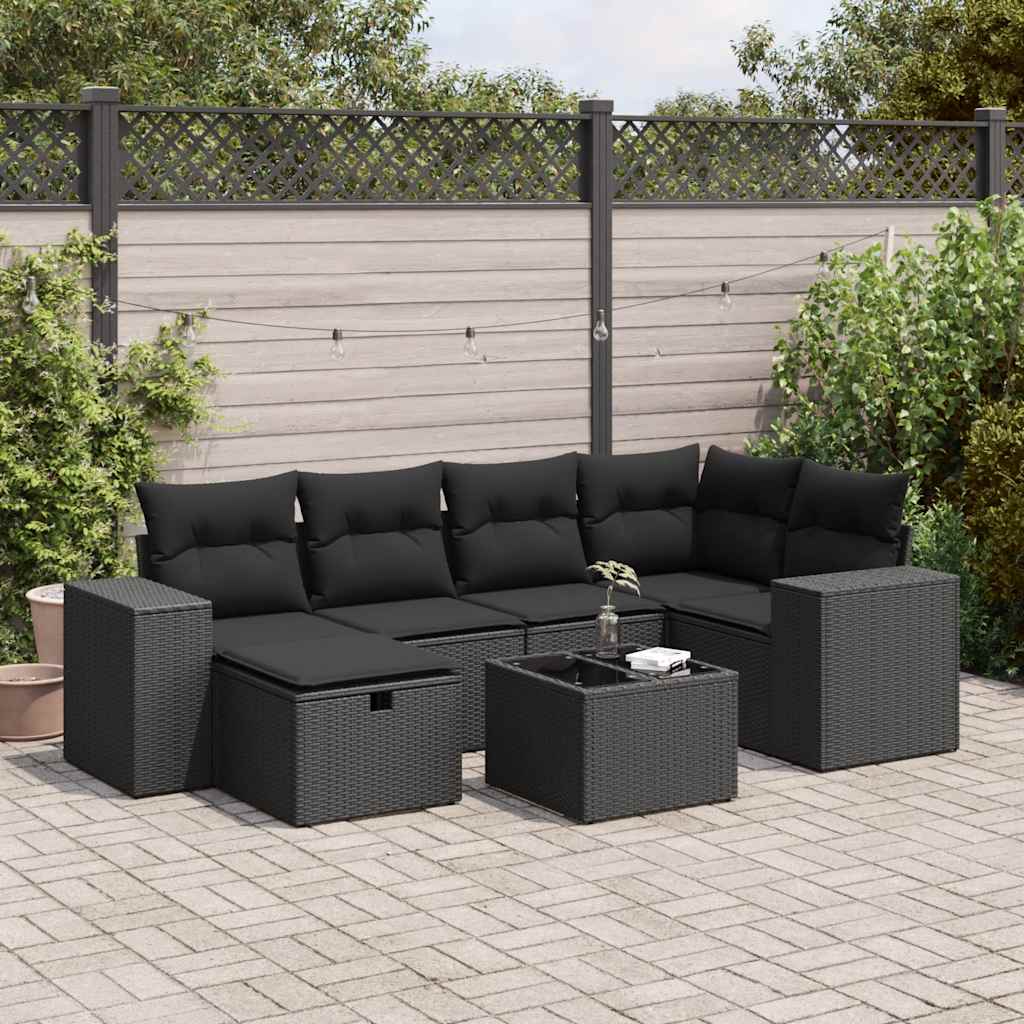 7-tlg. Garten-Sofagarnitur mit Kissen Schwarz Poly Rattan