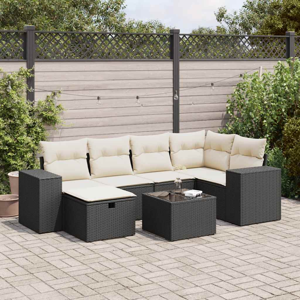 7-tlg. Garten-Sofagarnitur mit Kissen Schwarz Poly Rattan