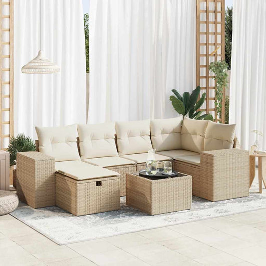 7-tlg. Garten-Sofagarnitur mit Kissen Beige Poly Rattan