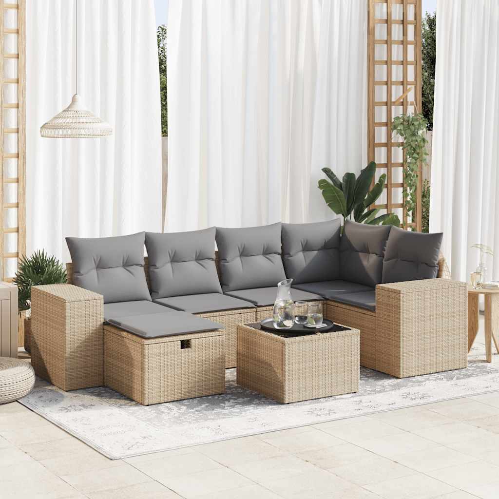 7-tlg. Garten-Sofagarnitur mit Kissen Beige Poly Rattan