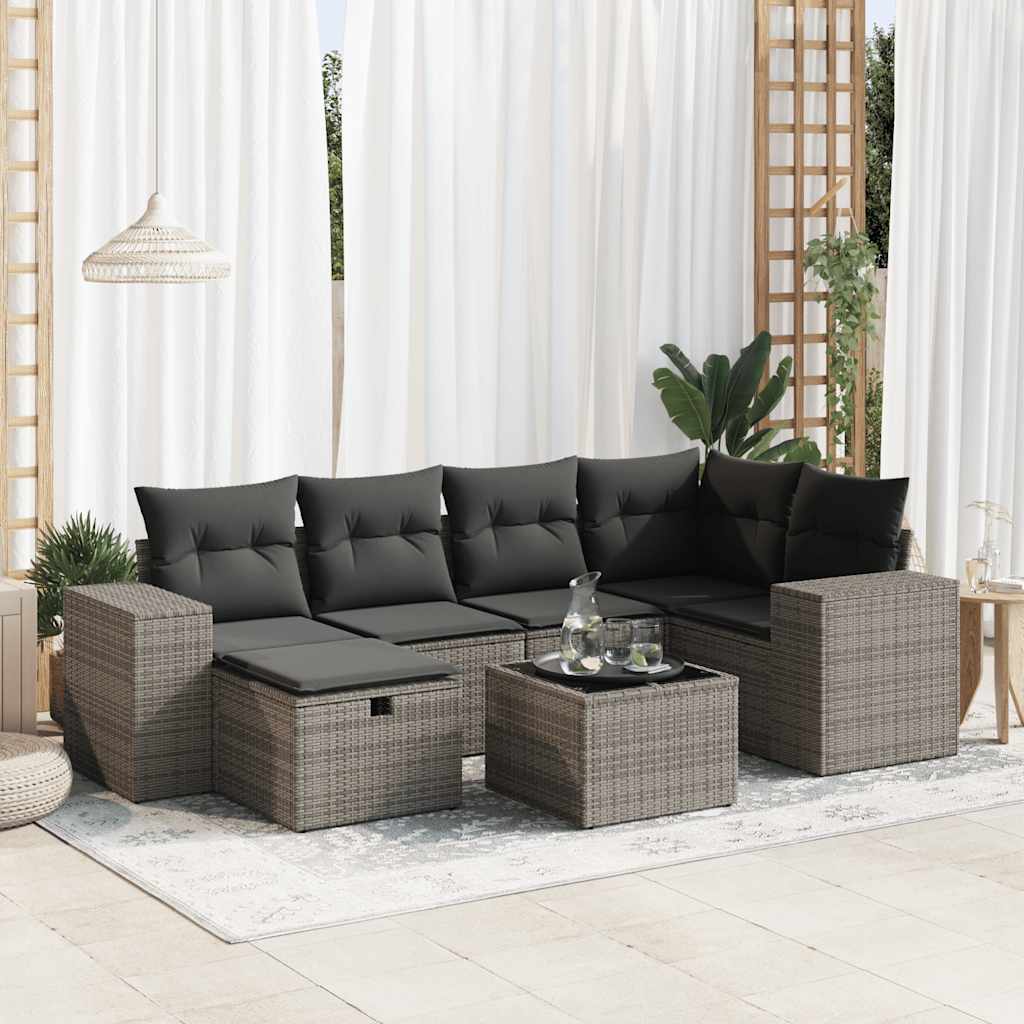 7-tlg. Garten-Sofagarnitur mit Kissen Grau Poly Rattan