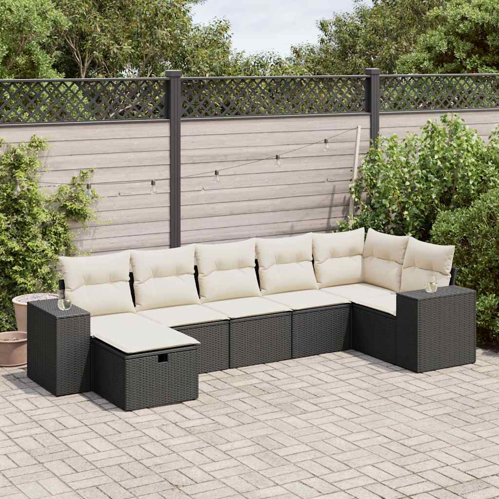 7-tlg. Garten-Sofagarnitur mit Kissen Schwarz Poly Rattan