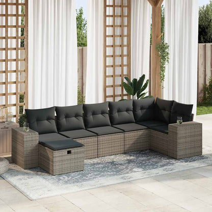 7-tlg. Garten-Sofagarnitur mit Kissen Grau Poly Rattan