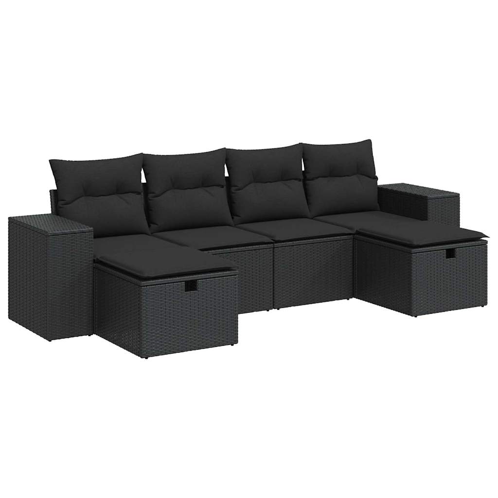 6-tlg. Garten-Sofagarnitur mit Kissen Schwarz Poly Rattan