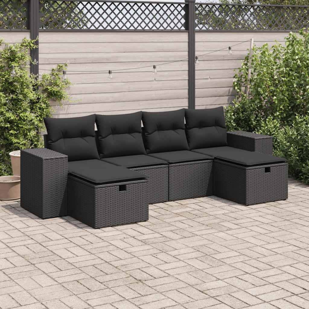 6-tlg. Garten-Sofagarnitur mit Kissen Schwarz Poly Rattan