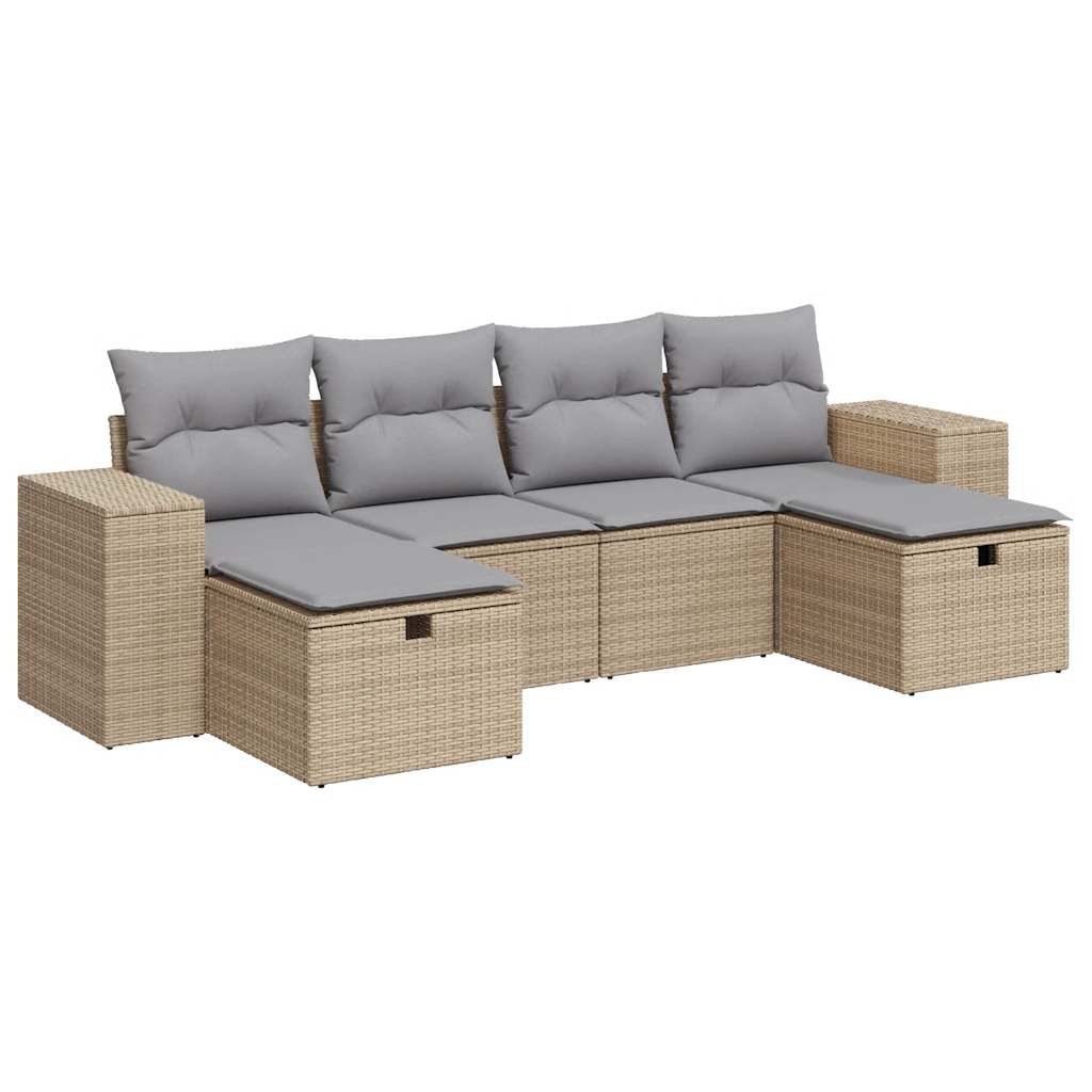 6-tlg. Garten-Sofagarnitur mit Kissen Beige Poly Rattan