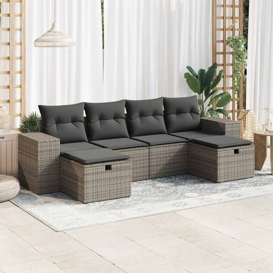 6-tlg. Garten-Sofagarnitur mit Kissen Grau Poly Rattan