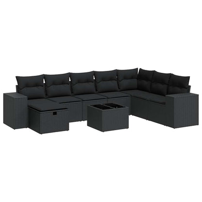 9-tlg. Garten-Sofagarnitur mit Kissen Schwarz Poly Rattan