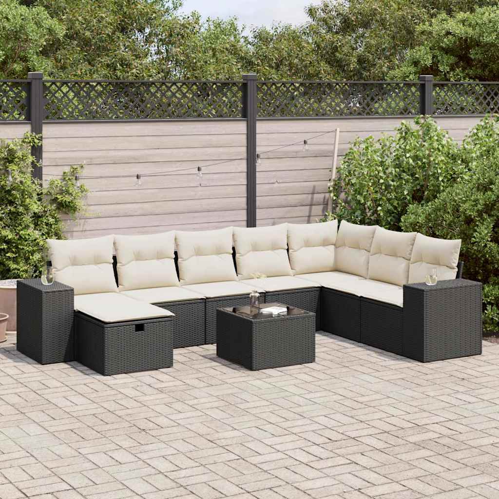 9-tlg. Garten-Sofagarnitur mit Kissen Schwarz Poly Rattan