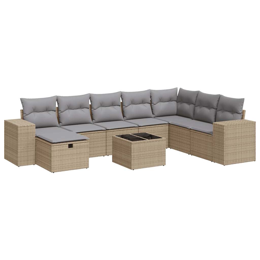 9-tlg. Garten-Sofagarnitur mit Kissen Beige Poly Rattan