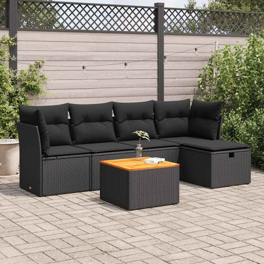 6-tlg. Garten-Sofagarnitur mit Kissen Schwarz Poly Rattan