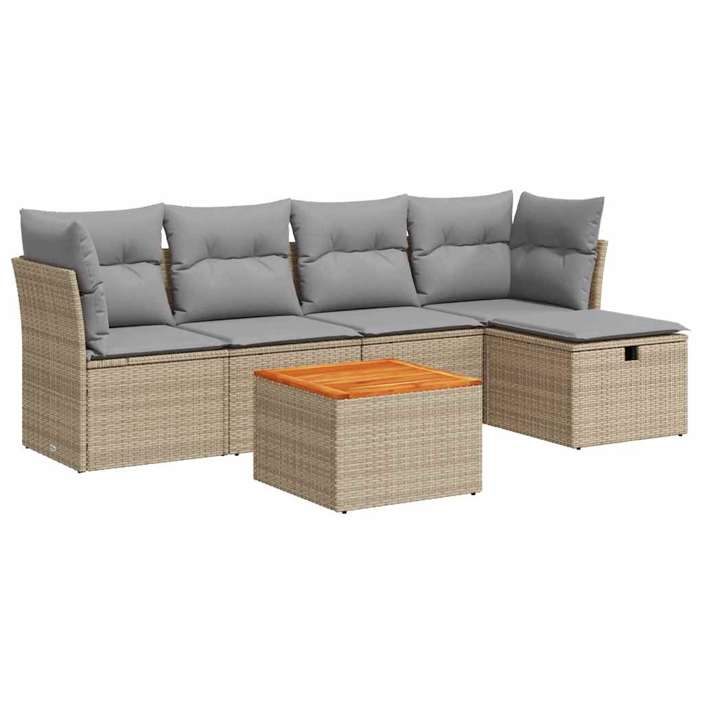 6-tlg. Garten-Sofagarnitur mit Kissen Beige Poly Rattan